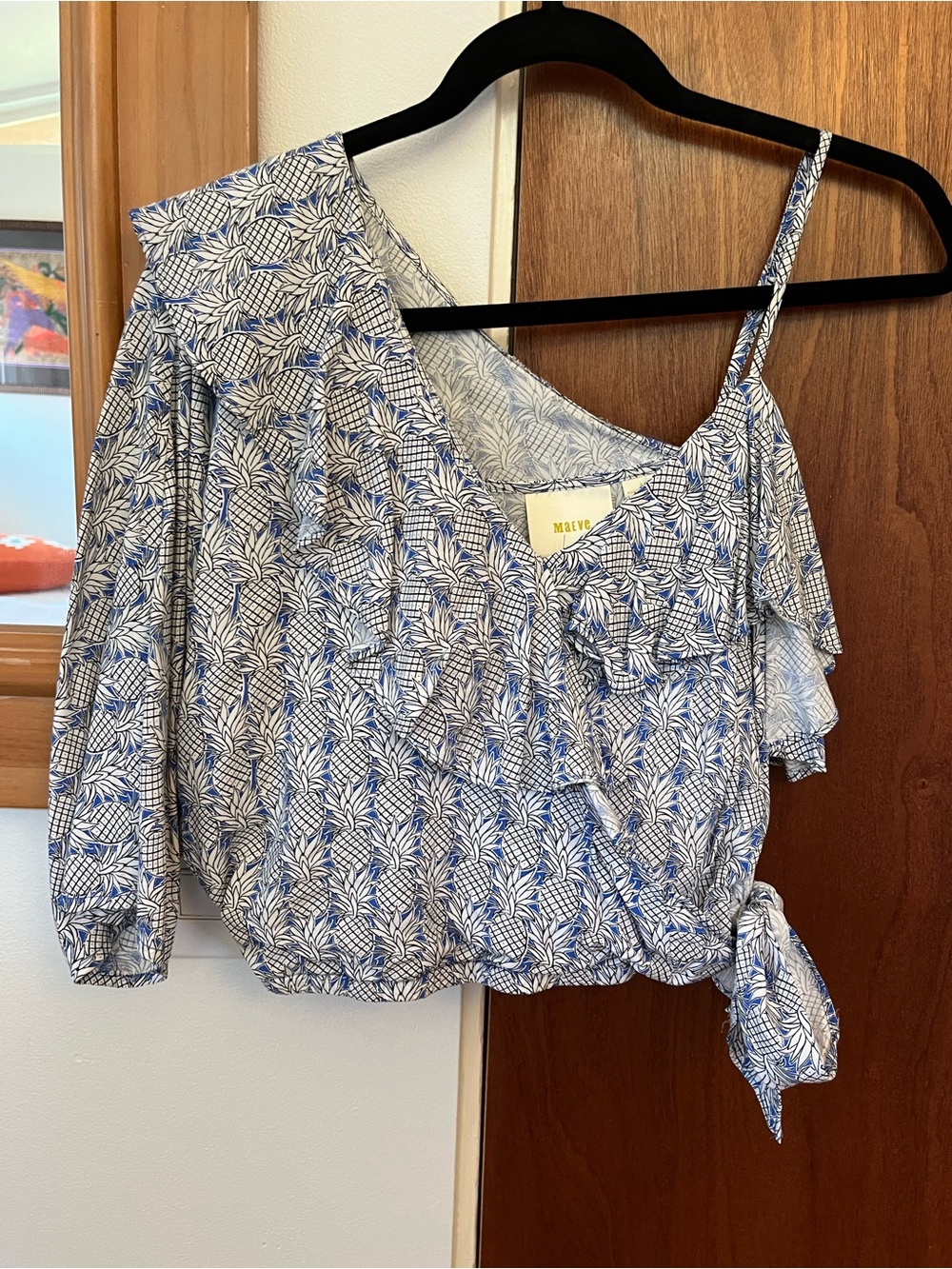 Maeve Blue & White One-Shoulder Ruffle Tie-Waist Top